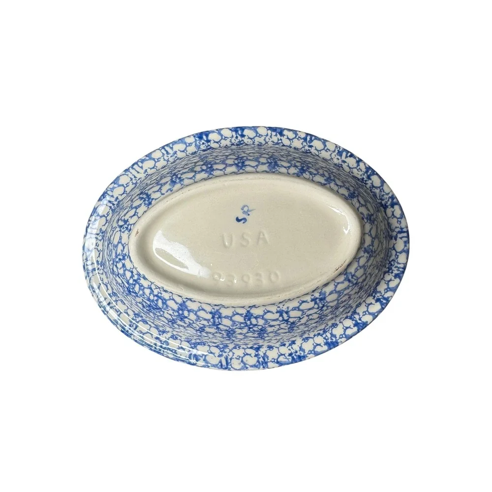 Vintage USA Pottery Blue White Sponge Ware Spatterware Oval Bowl Q3930 SR